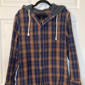 Vans Men's Lopes Hooded Plaid Flannel Button Up Shirt - Blue/Brown - Size L